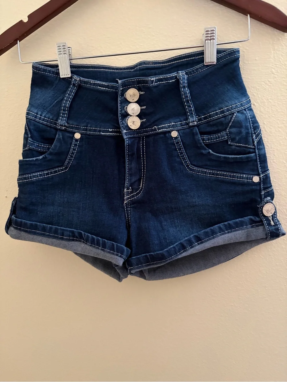 Vior Levanta Pompis Dark Wash High Rise Denim Shorts Stretch Cuffed Size 3